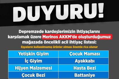 Deprem bölgesine acil ihtiyaç listesi